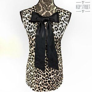 TAHARI Sleevless Satin Leopard Print Bow Neck Shell Blouse Top L